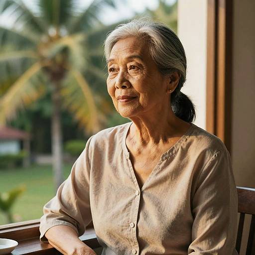 Photograph of an elderly Asian woman with gray hair, wearing a beige button-up shirt, sitting indoors with sunlight illuminating her face and a blurred tropical