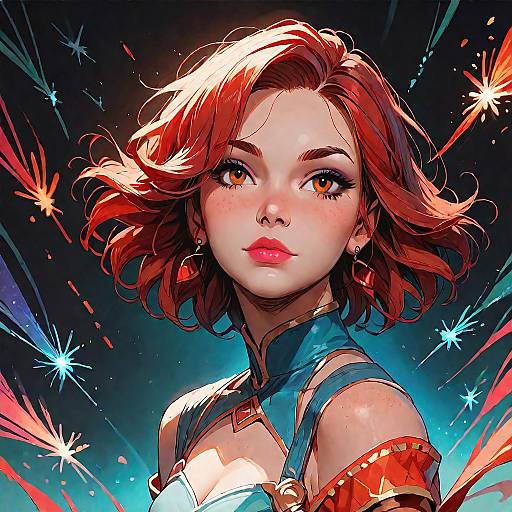 Red-Haired Fantasy Woman with Magic Particles
