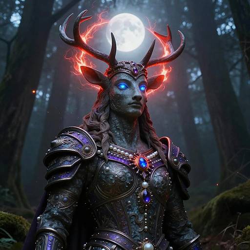 Digital art: Elven warrior with glowing blue eyes, antlered helmet, and red fiery aura, wearing intricate metallic armor in a dark forest.