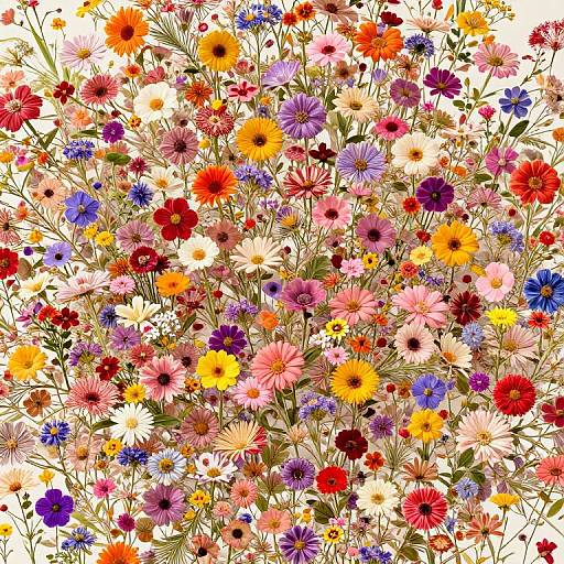 Vibrant digital illustration of a dense bouquet of colorful flowers, including daisies, sunflowers, and wildflowers, in shades of red,