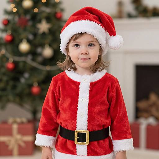 Toddler Girl in Santa Costume by Christmas Tree
