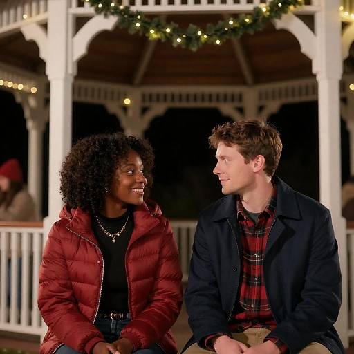 Nighttime Gazebo Encounter: A Smiling Duo