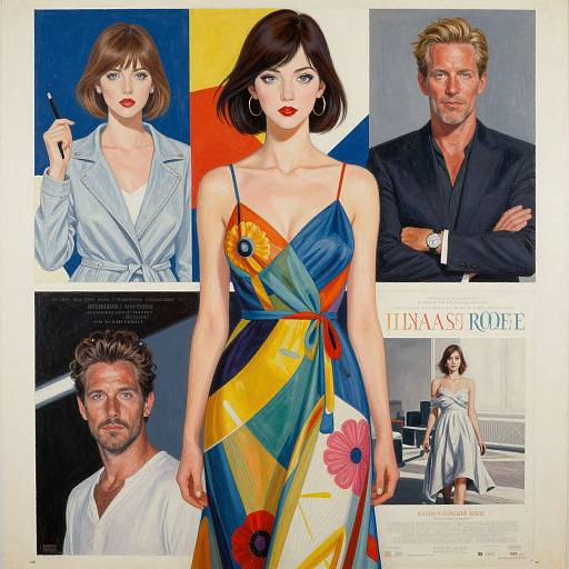 Photograph collage featuring four images: a brunette woman with red lipstick in a blue dress, a blonde man in a black shirt, a bearded man