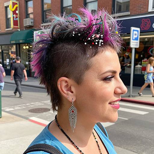 Photograph of a woman with short, spiky purple and black hair, wearing large dangling earrings and a blue top, smiling in an urban street setting