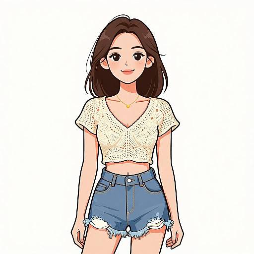 Digital anime-style illustration of a smiling young woman with light skin and brown hair, wearing a white crop top and blue frayed denim shorts.