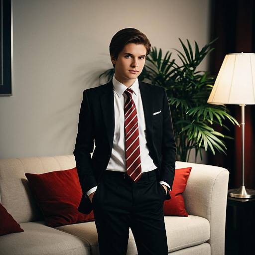 Young Man in Formal Suit Standing Indoors