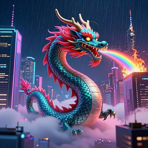 Digital illustration of a vibrant blue and red dragon with glowing eyes breathing a rainbow fireball in a neon-lit, rainy cityscape with skyscrapers