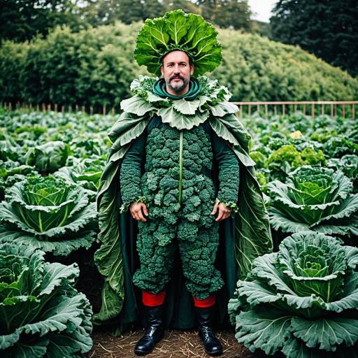 Man in Kale Costume in Cabbage Field