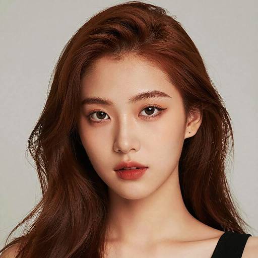 Photorealistic portrait of an Asian woman with long, brown hair, fair skin, and subtle makeup, wearing a black top, against a plain light