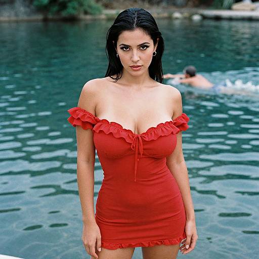 Photograph of a fair-skinned woman with black hair, wearing a red off-shoulder, ruffle-trimmed mini dress, standing in