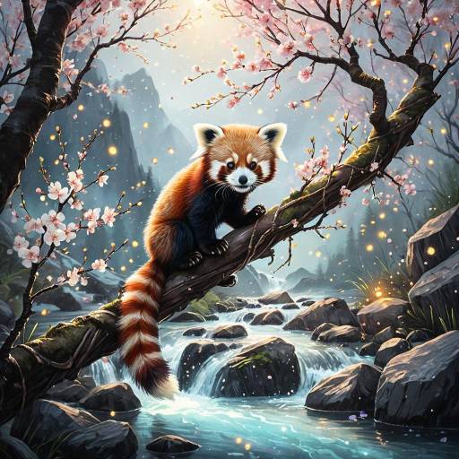 Playful Red Panda in Misty Mountain Stream Playful Red Panda in Misty Mountain Stream