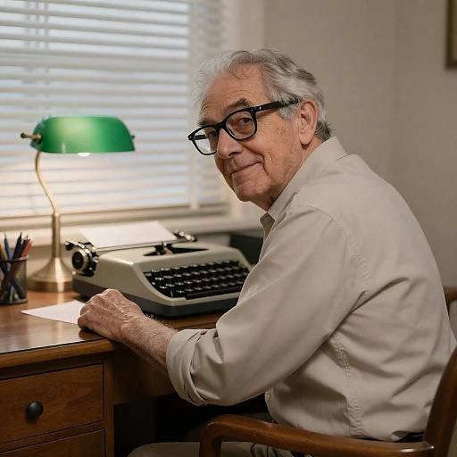 Charming Elder with Typewriter and Lamp