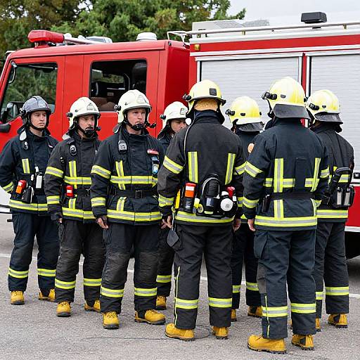 Photograph of seven firefighters in black uniforms with yellow stripes, white and yellow helmets, and yellow boots, gathered around a red fire truck.