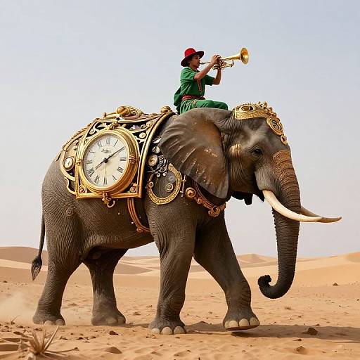 Photograph of a large elephant with an ornate clock and gold decorations, ridden by a musician in green and red, playing a trumpet in a desert