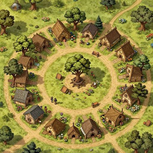 Aerial view of a colorful, circular village with wooden cottages, dirt paths, trees, flowers, and scattered villagers, in a vibrant, digital