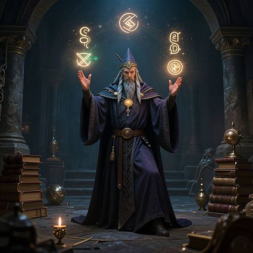 Photorealistic image of a bearded wizard in a blue robe, holding glowing magical symbols, surrounded by books and candles in a dimly lit,