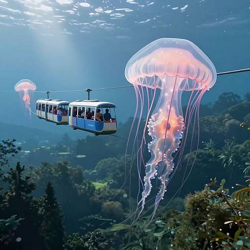 Photograph of a blue and white cable car floating above an underwater scene with large, glowing pink jellyfish and lush, dark blue ocean plants.