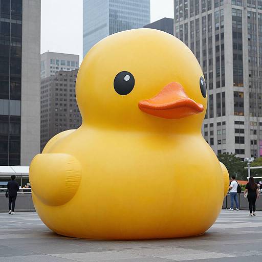 Photograph of a giant yellow rubber duck with black eyes and orange beak, standing in an urban plaza with tall skyscrapers in the background.