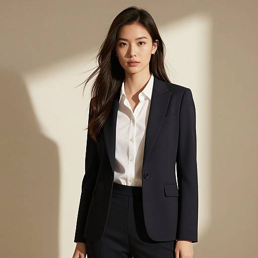 Photograph of an Asian woman with long black hair, wearing a black blazer, white dress shirt, and black high-waisted pants, standing