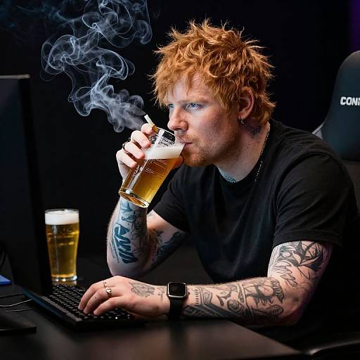 Photograph of a red-haired, tattooed man with pale skin, smoking from a pint glass of beer, seated at a dark desk.