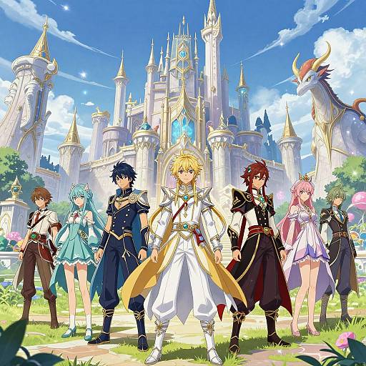 Anime-style digital artwork of six fantasy characters standing in front of a grand, golden castle with a blue sky and dragon. Bright colors, detailed armor,