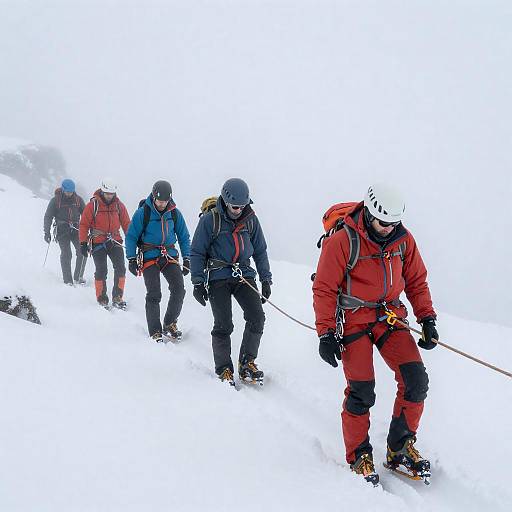 Winter Climbers Navigating Snow and Mist