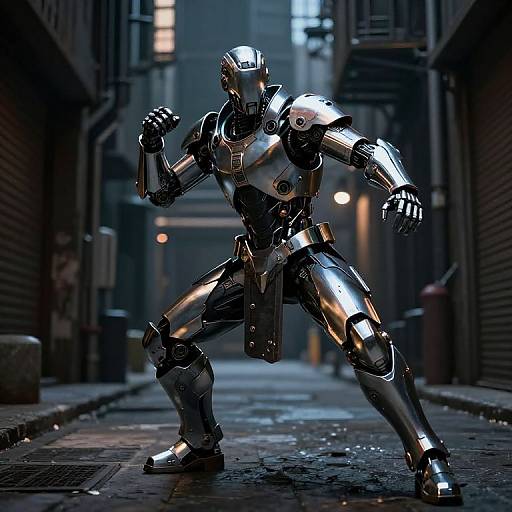 Photorealistic CGI of a shiny, metallic humanoid robot in a dynamic fighting stance, set in a dimly lit, narrow urban alleyway at night