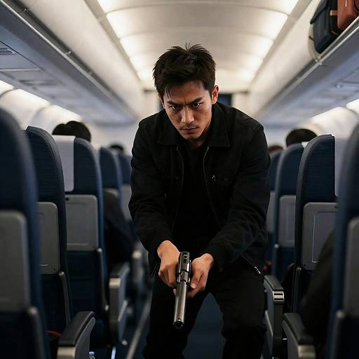 Intense Man with Gun in Airplane Aisle