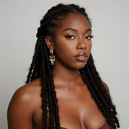Photograph of a beautiful Black woman with long, twisted dreadlocks, wearing gold earrings and necklace, looking slightly to the side against a white background.