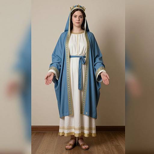 Photograph of a woman in a blue and white medieval-style robe with gold trim, white dress, and crown, standing against a beige wall, with