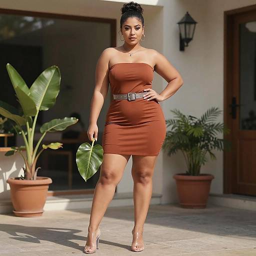 Confident Woman in Rust Mini Dress