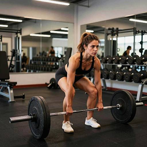 Photograph of a fit, muscular woman with light brown hair in a ponytail, wearing a black sports bra and shorts, white sneakers, squatting