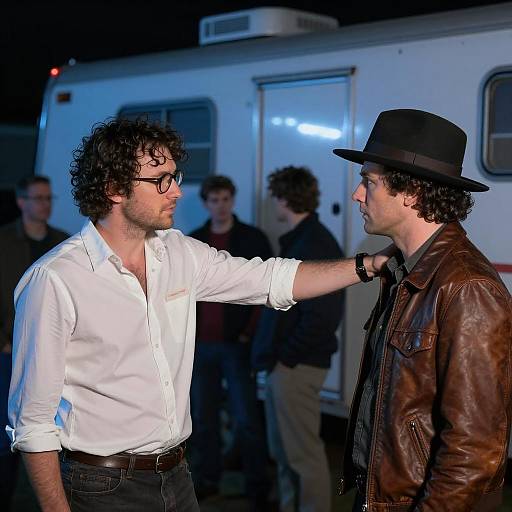 Tense Encounter in a Blue Trailer