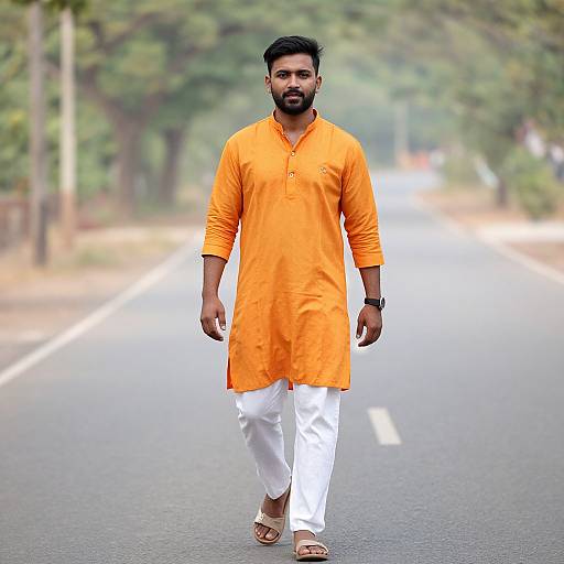Photograph of a bearded man with dark hair, wearing an orange kurta, white pants, and brown sandals, walking on a tree-lined road