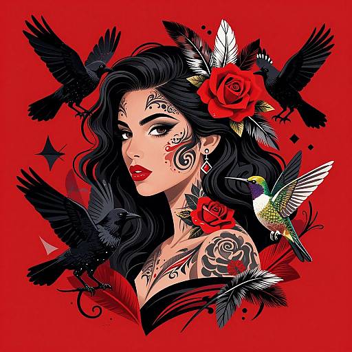 Elegant Woman with Feathered Hair and Tattoos