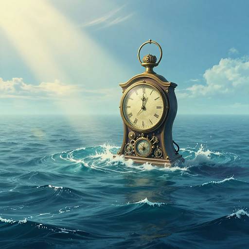 Digital artwork of an antique bronze clock submerged in a vast, sunlit ocean, with waves splashing around its base.