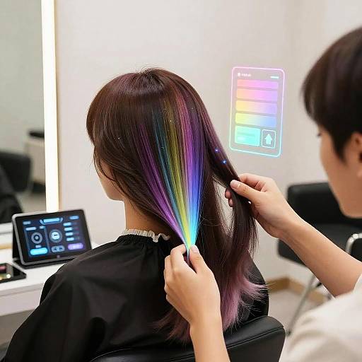 Photograph of a hairstylist coloring a woman's hair with a digital color picker in a bright salon, holding her ponytail.
