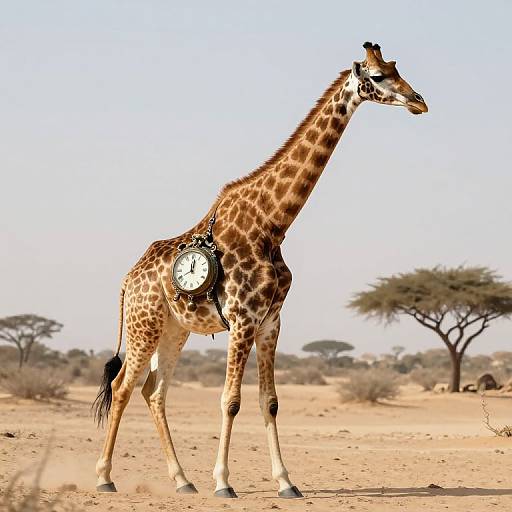 Photograph of a giraffe standing in a sunlit, arid savanna, wearing a large, round clock strapped to its side, with sparse