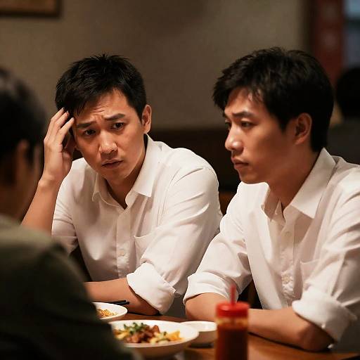 Two Asian Men Discussing at Restaurant Table