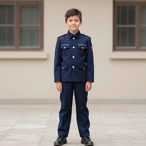 Boy in Uniform Posing Outdoors