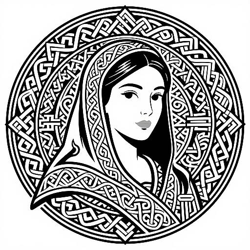 Black-and-white digital drawing of a serene woman's face surrounded by intricate, geometric, Celtic-inspired patterns forming a circular frame.