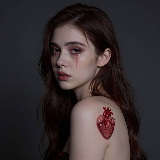 Photograph of a pale, young woman with long brown hair, tears on her cheek, and a painted heart on her shoulder, against a dark background