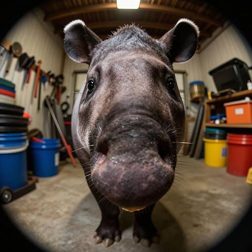 Close-up photograph of a curious black piglet with large ears, focused on its snout in a cluttered, dimly lit workshop. Brightly