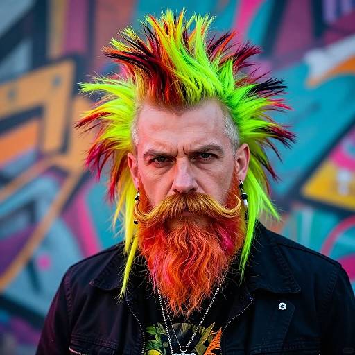 Photograph of a man with vibrant neon green, yellow, red, and black spiky hair, matching beard, and black leather jacket, against a