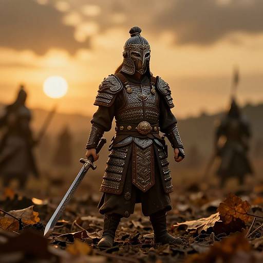 Photograph of a detailed, medieval-style miniature warrior in ornate armor, holding a sword, standing in a battlefield at sunset.
