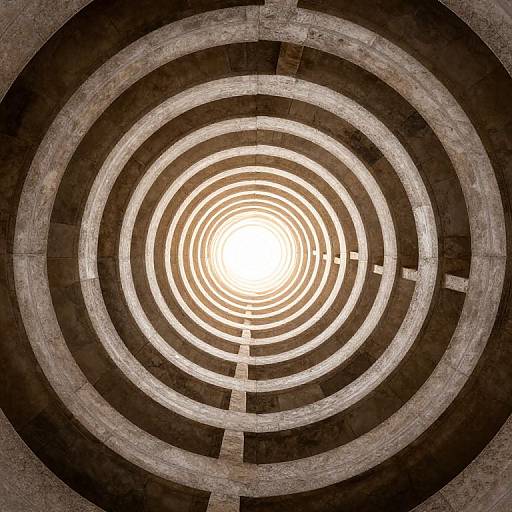 Photograph of a circular stone maze viewed from above, with concentric rings leading to a bright white center.