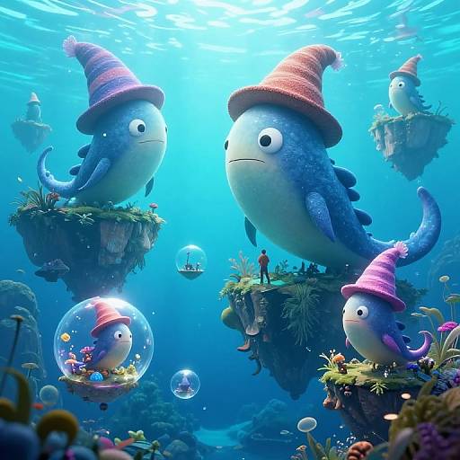 Photorealistic CGI of underwater scene with giant, blue, fish-like creatures wearing pink and red hats, floating on floating islands, surrounded by bubbles and