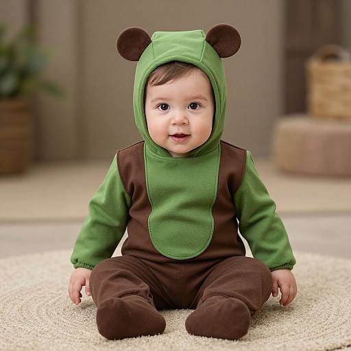 Photograph of a chubby, fair-skinned baby with brown hair, wearing a green bear-themed onesie and brown pants, sitting on a cream-colored