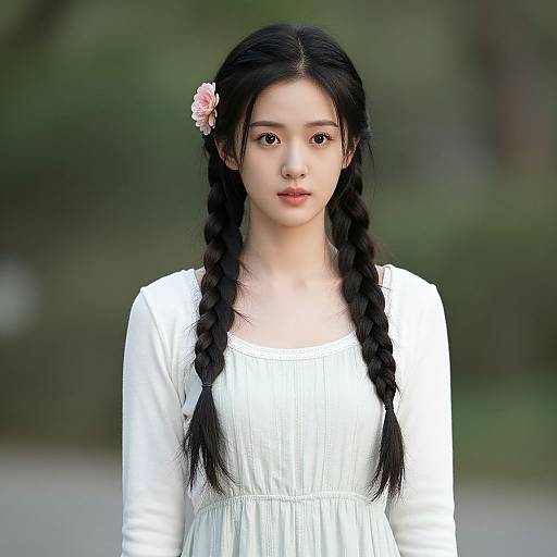 Photograph of an East Asian woman with long black braids, wearing a white dress and pink flower hairpin, standing against a blurred green background.