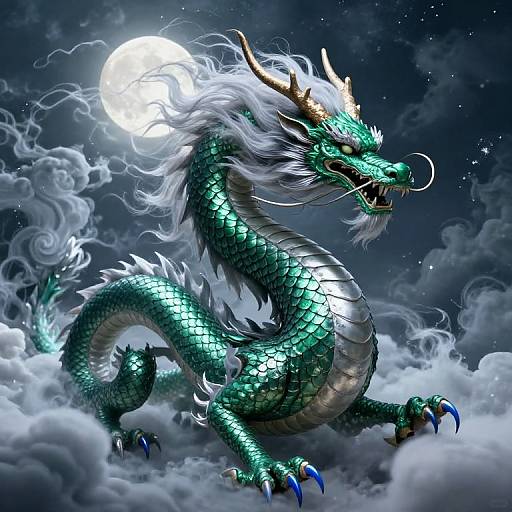 Emerald and Silver Japanese Dragon with Moonlight